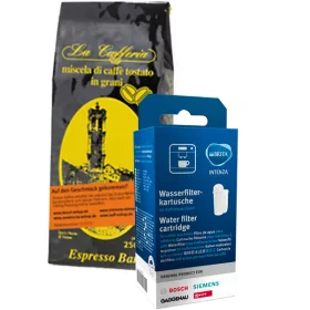   Vízszűrő és Kávé Készlet Bosch / Siemens kávégépekhez – Brita Intenza + 250g Espresso Bar kávé – EQ és Vero szériához (17000705 kompatibilis)