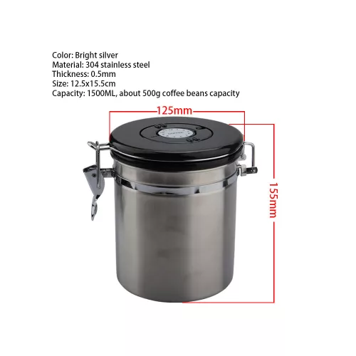 Rozsdamentes Acél Kávétartó Doboz - 500g / 1.5L, CO2 szeleppel és dátumjelzővel (231E)