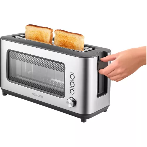Sencor STS 4050SS Kenyérpirító - 1200W, Üvegablakos, Hosszú nyílású - Inox (STS 4050SS)