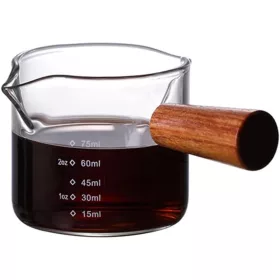 Dupla csőrű üveg mérőpohár - 75 ml, Fa fogantyúval - Eszpresszóhoz (761G12)