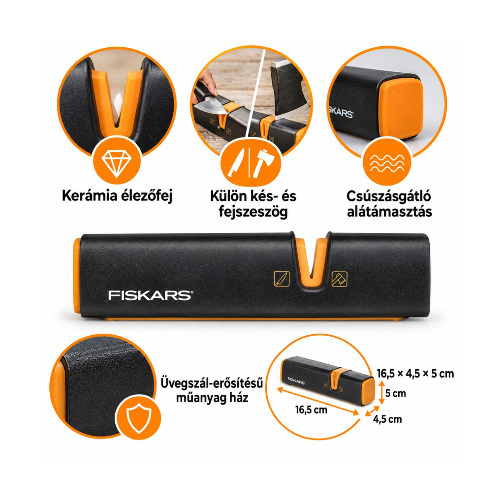 Fiskars Xsharp 1000601 fejsze- és késélező kerámia élezőfejjel – főbb jellemzők