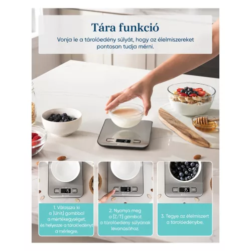 Etekcity EK6015 digitális konyhai mérleg rozsdamentes felülettel, 5 kg / 1 g – főbb jellemzők