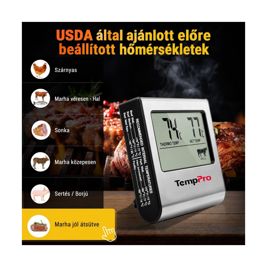 TempPro TP16 digitális sütő- és maghőmérő időzítővel – részletfotó