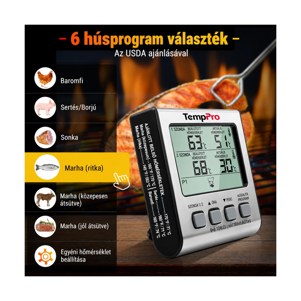 TempPro két szondás digitális grill- és húshőmérő időzítővel – használat közben