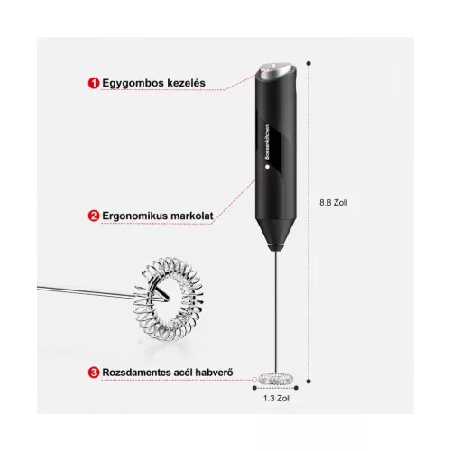 Bonsenkitchen kézi tejhabosító, elemes, 10 W, fekete – részletfotó