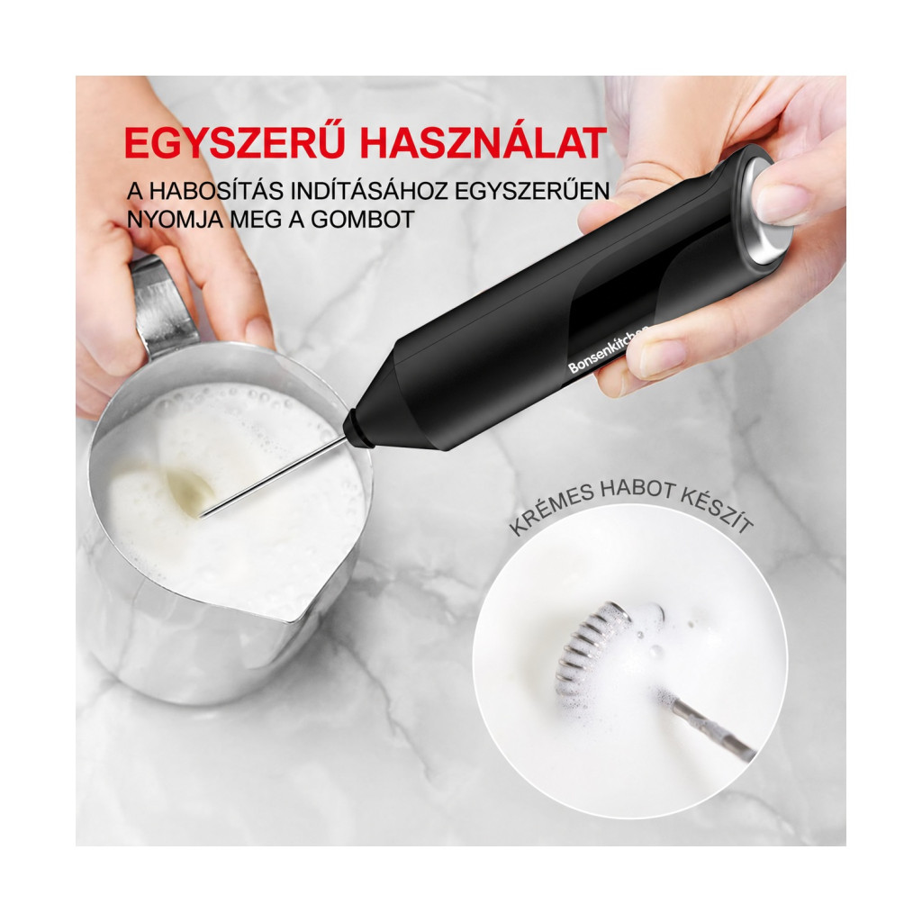 Bonsenkitchen kézi tejhabosító, elemes, 10 W, fekete – kompatibilitási nézet