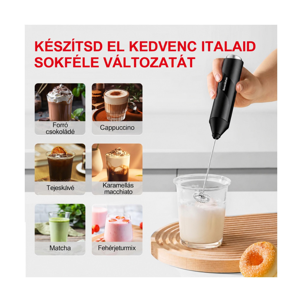 Bonsenkitchen kézi tejhabosító, elemes, 10 W, fekete – főbb jellemzők