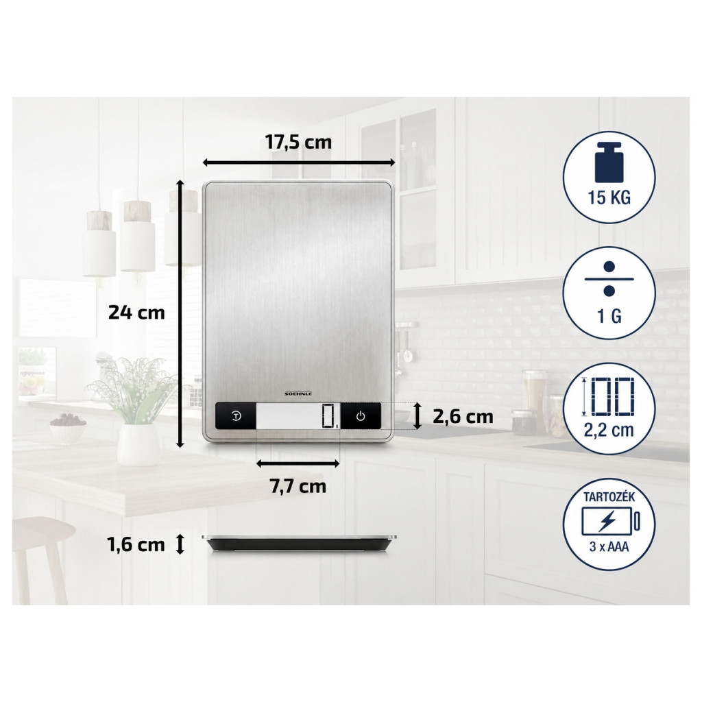 Soehnle Page Profi 200 digitális konyhai mérleg, 15 kg / 1 g – főbb jellemzők