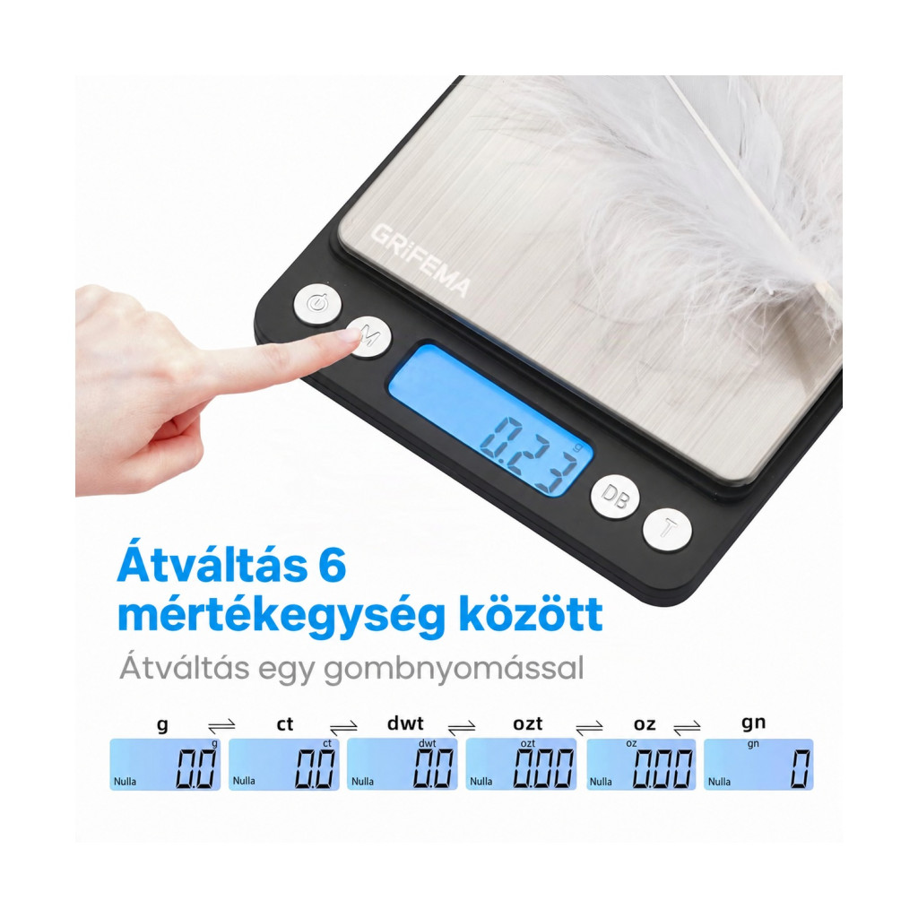 GRIFEMA GA2003 digitális precíziós mérleg, 500 g / 0,05 g – használat közben