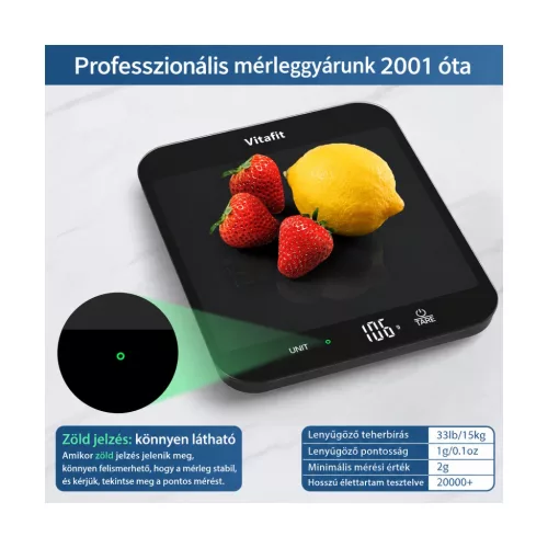 Vitafit VT707 digitális konyhai mérleg, 15 kg / 1 g, nagy üvegfelülettel – kompatibilitási nézet