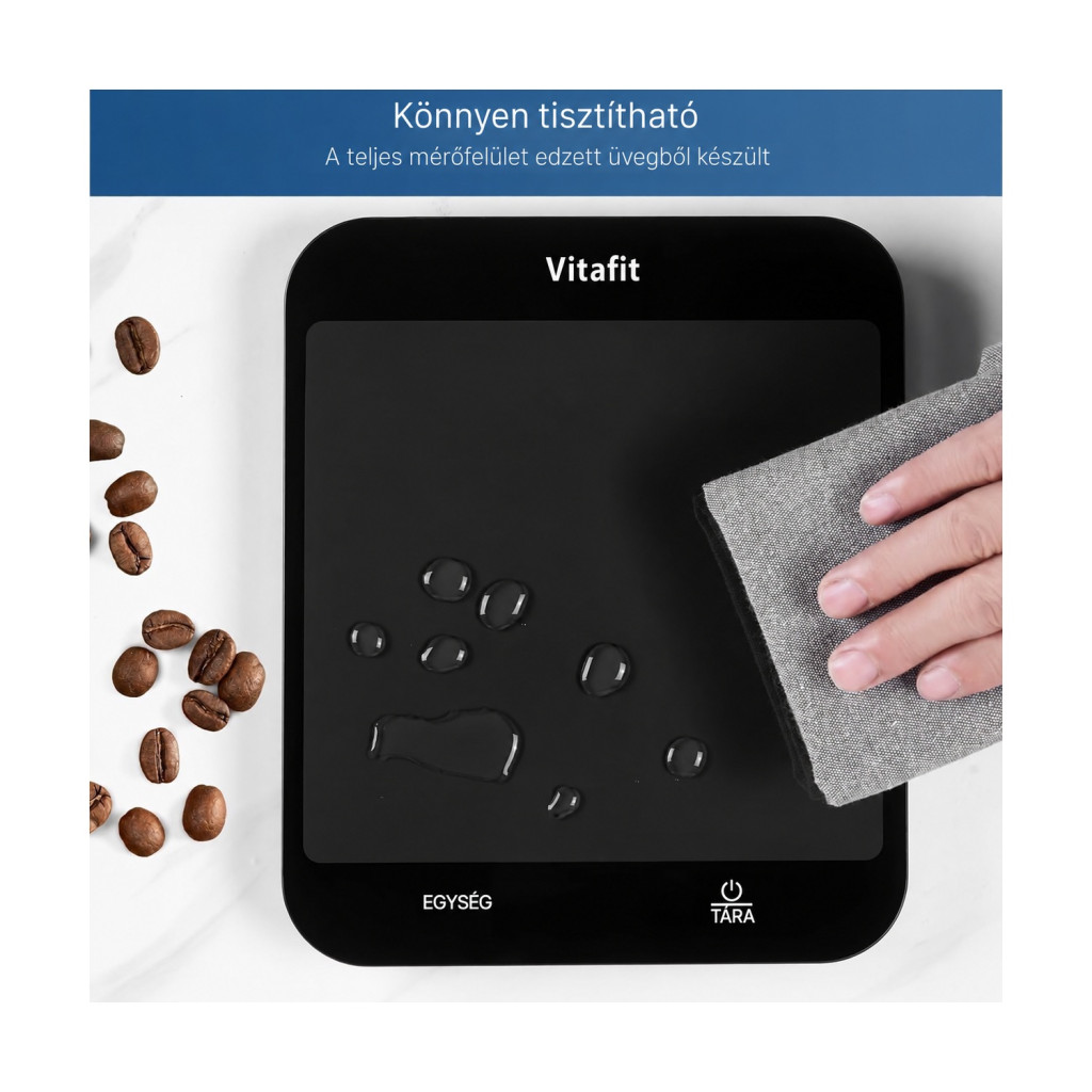 Vitafit VT707 digitális konyhai mérleg, 15 kg / 1 g, nagy üvegfelülettel – főbb jellemzők