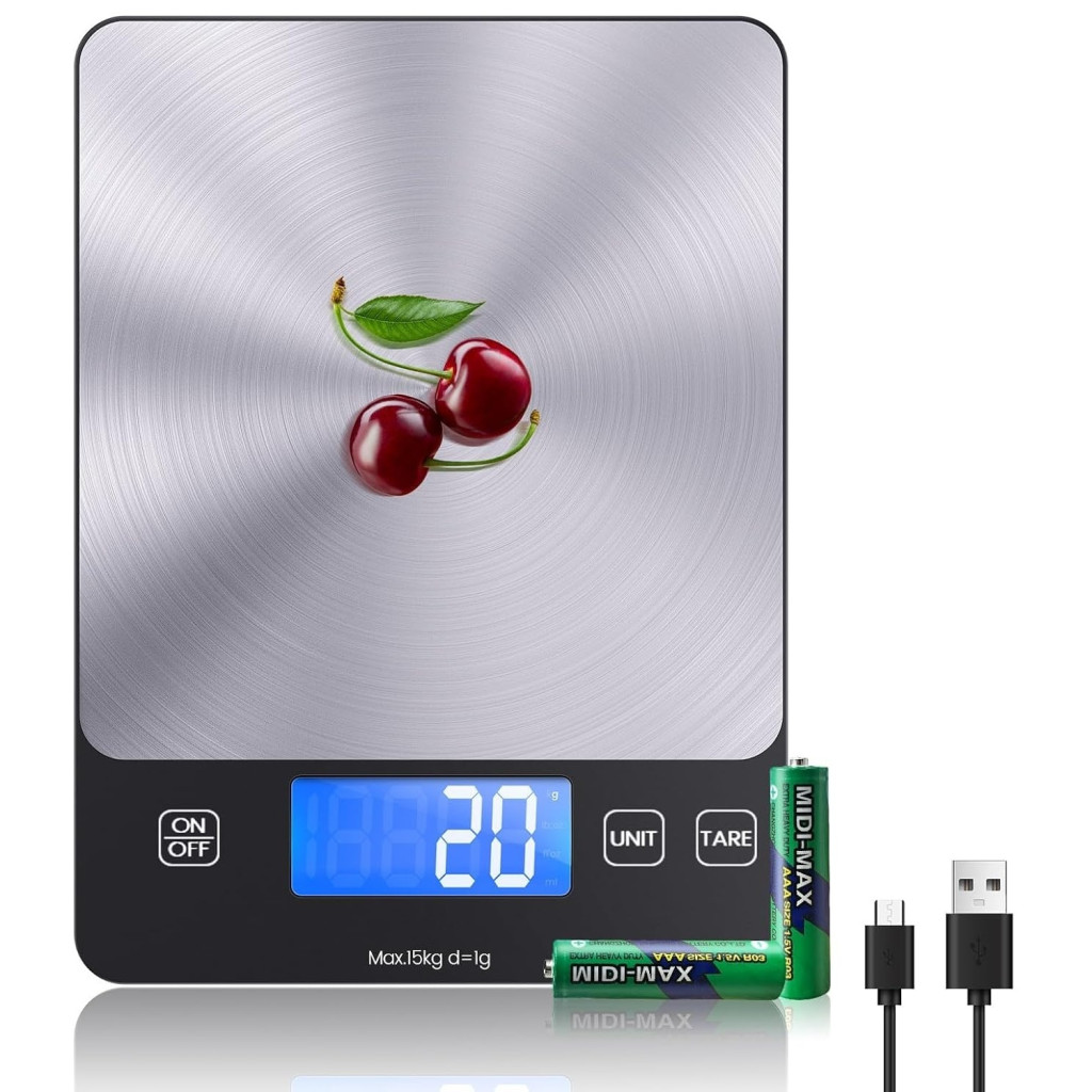 izeyu USB-C tölthető digitális konyhai mérleg, 15 kg / 1 g – termékfotó