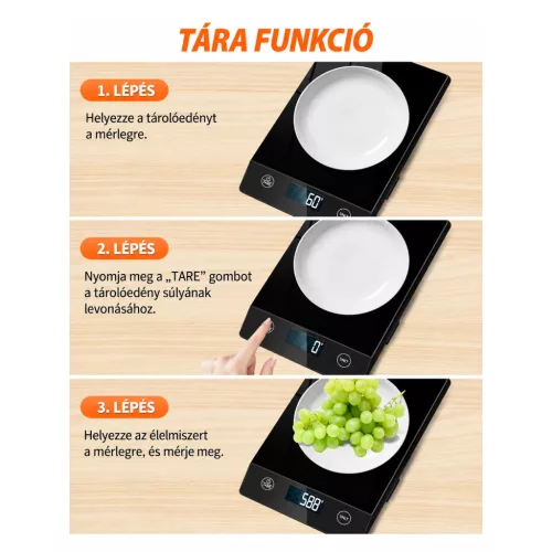 Letron K211H üveg digitális konyhai mérleg döntött kijelzővel, 10 kg / 1 g – használat közben