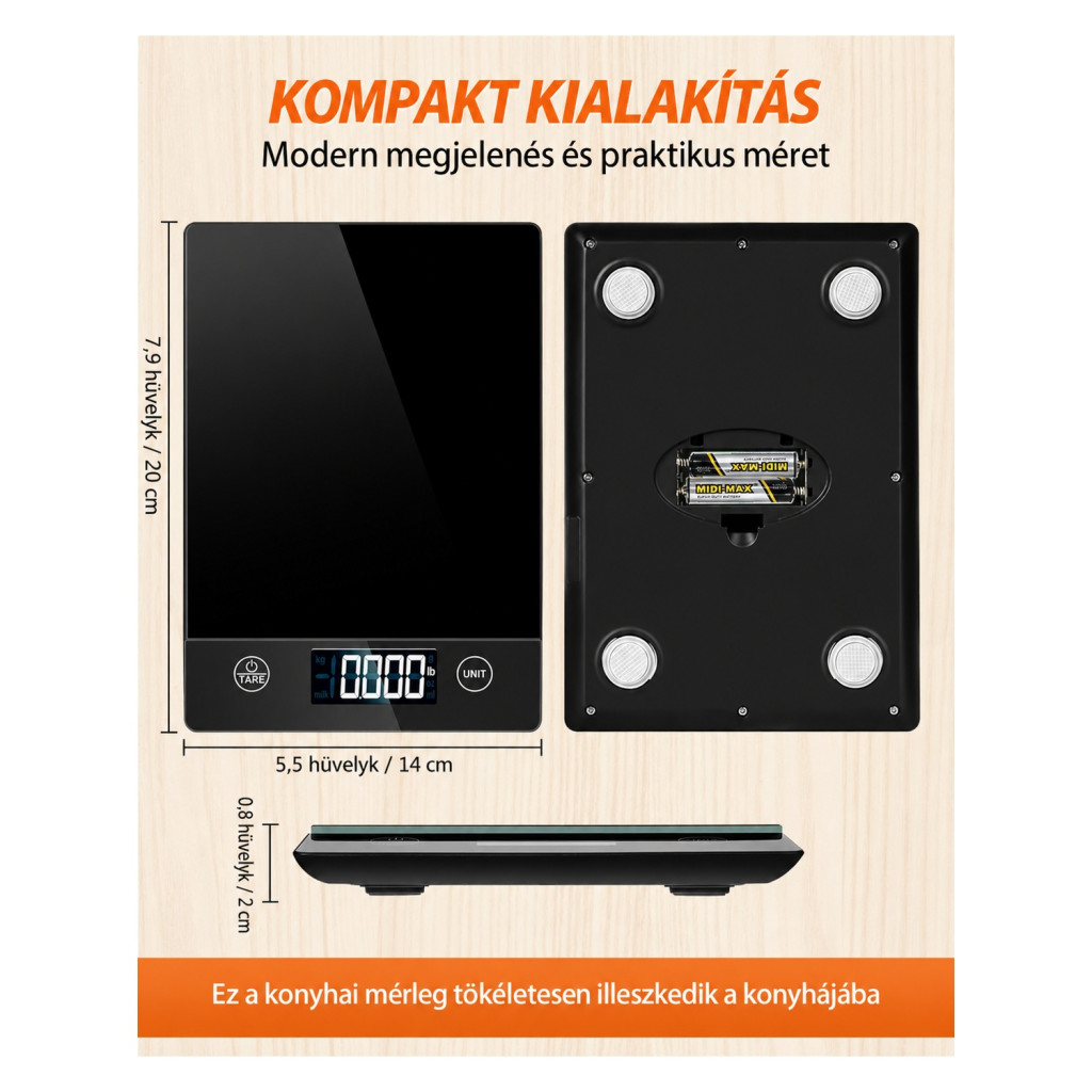 Letron K211H üveg digitális konyhai mérleg döntött kijelzővel, 10 kg / 1 g – főbb jellemzők