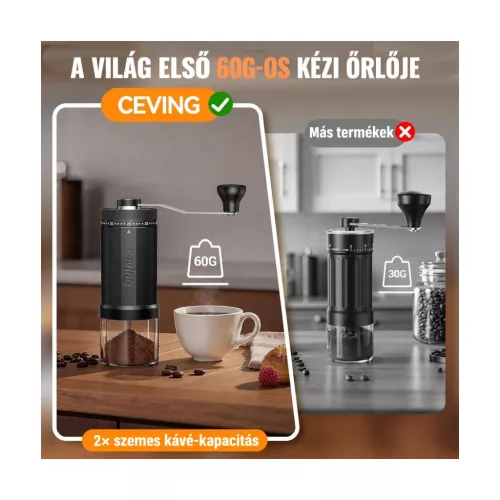 CEVING MCG-02 kézi kávédaráló, 60 g, 40 fokozat – használat közben
