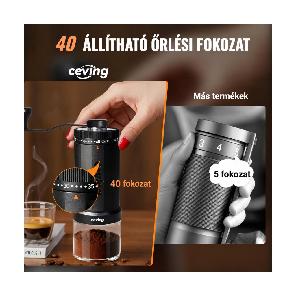 CEVING MCG-02 kézi kávédaráló, 60 g, 40 fokozat – főbb jellemzők