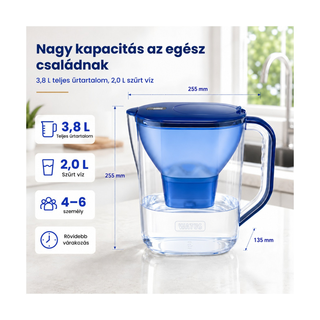 Watus vízszűrő kancsó 3,8 l, 1 patronnal, kék – használat közben
