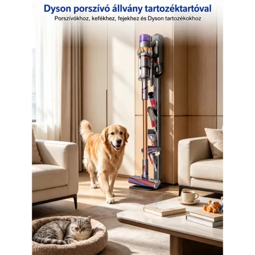 JUPELI álló porszívótartó Dyson V6–V16 modellekhez, 4 tartozékkampóval – használat közben