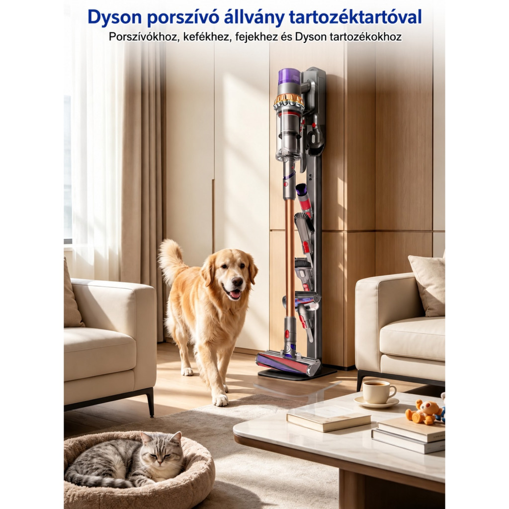 JUPELI álló porszívótartó Dyson V6–V16 modellekhez, 4 tartozékkampóval – használat közben
