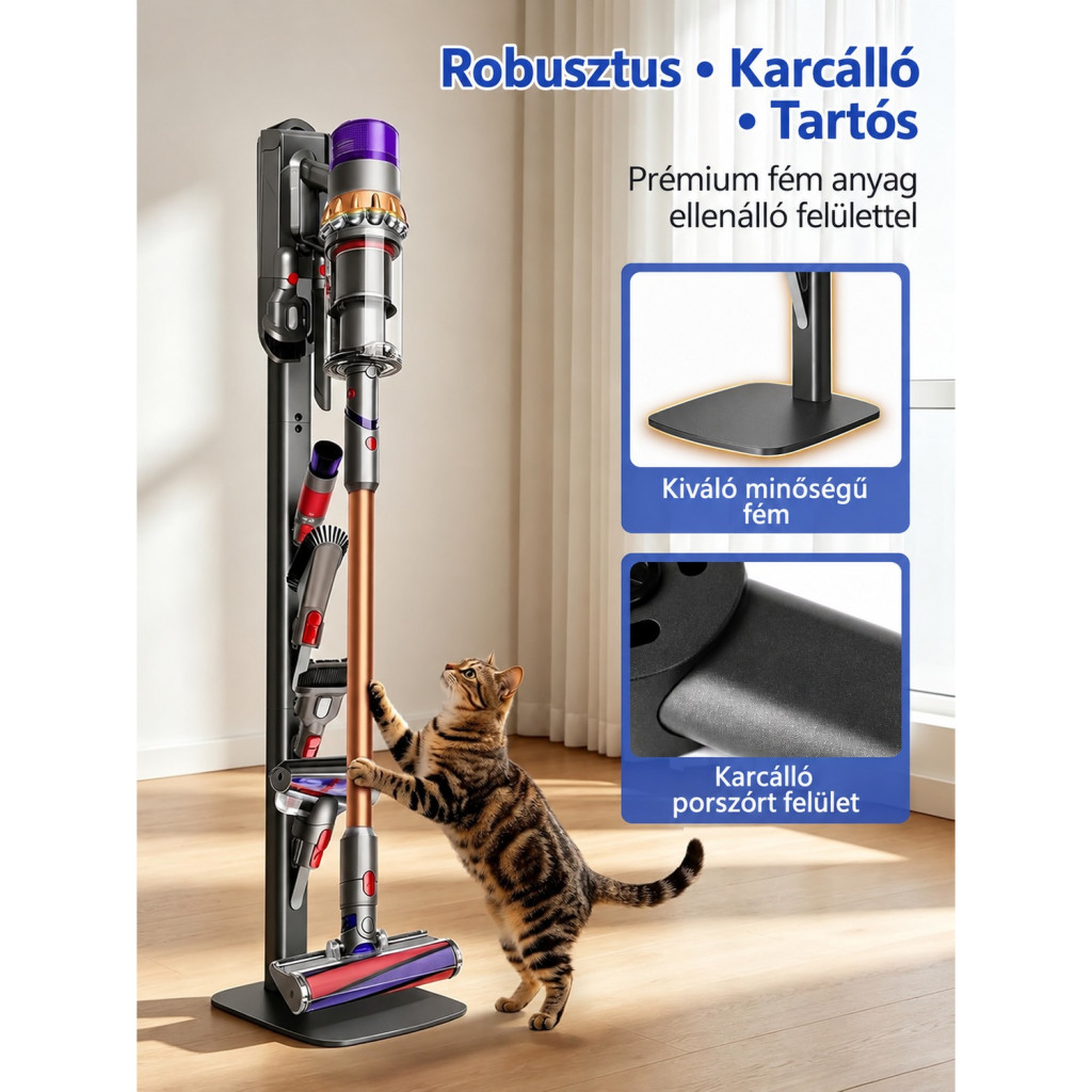 JUPELI álló porszívótartó Dyson V6–V16 modellekhez, 4 tartozékkampóval – főbb jellemzők