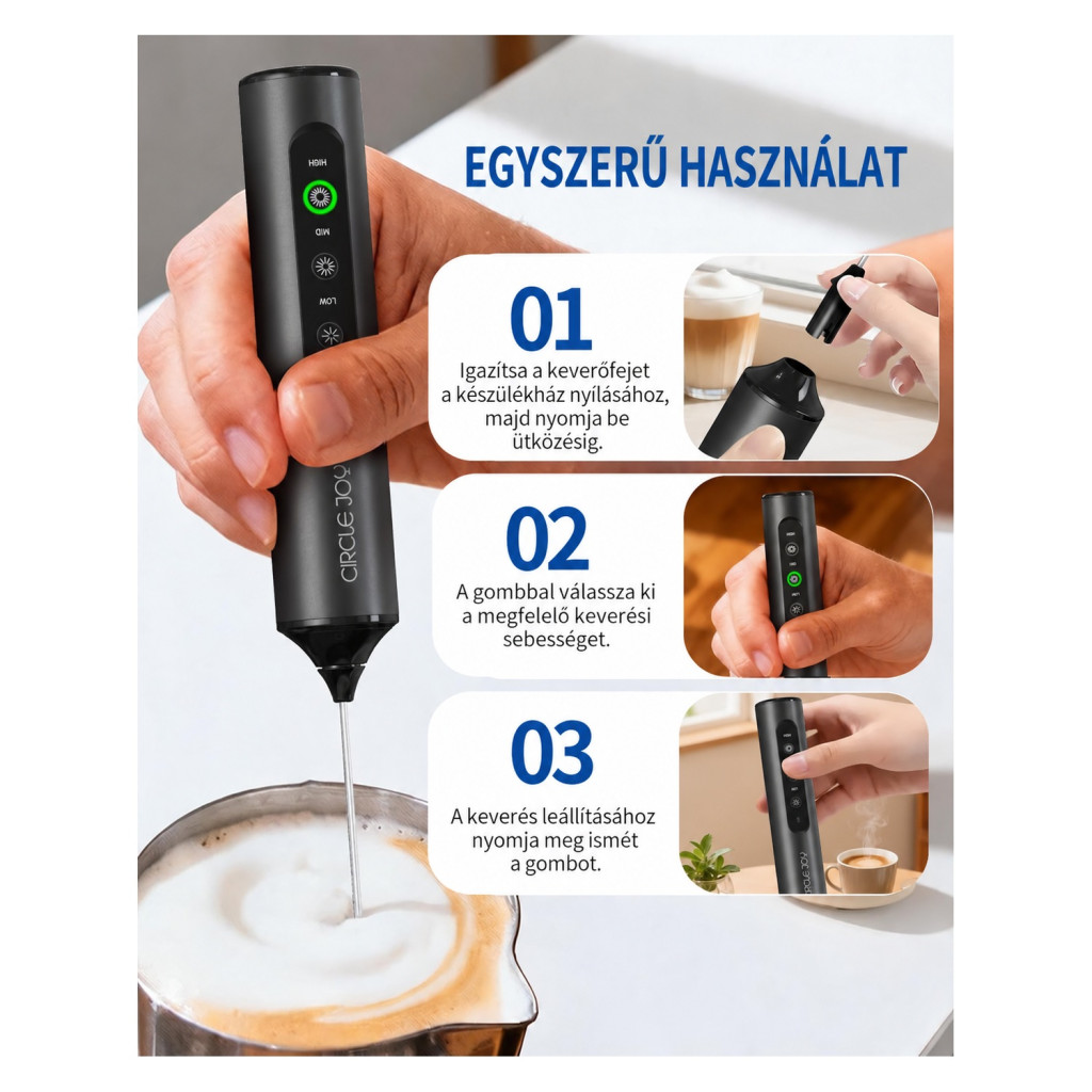 CIRCLE JOY USB-C kézi tejhabosító, 3 fejjel és tokkal – főbb jellemzők