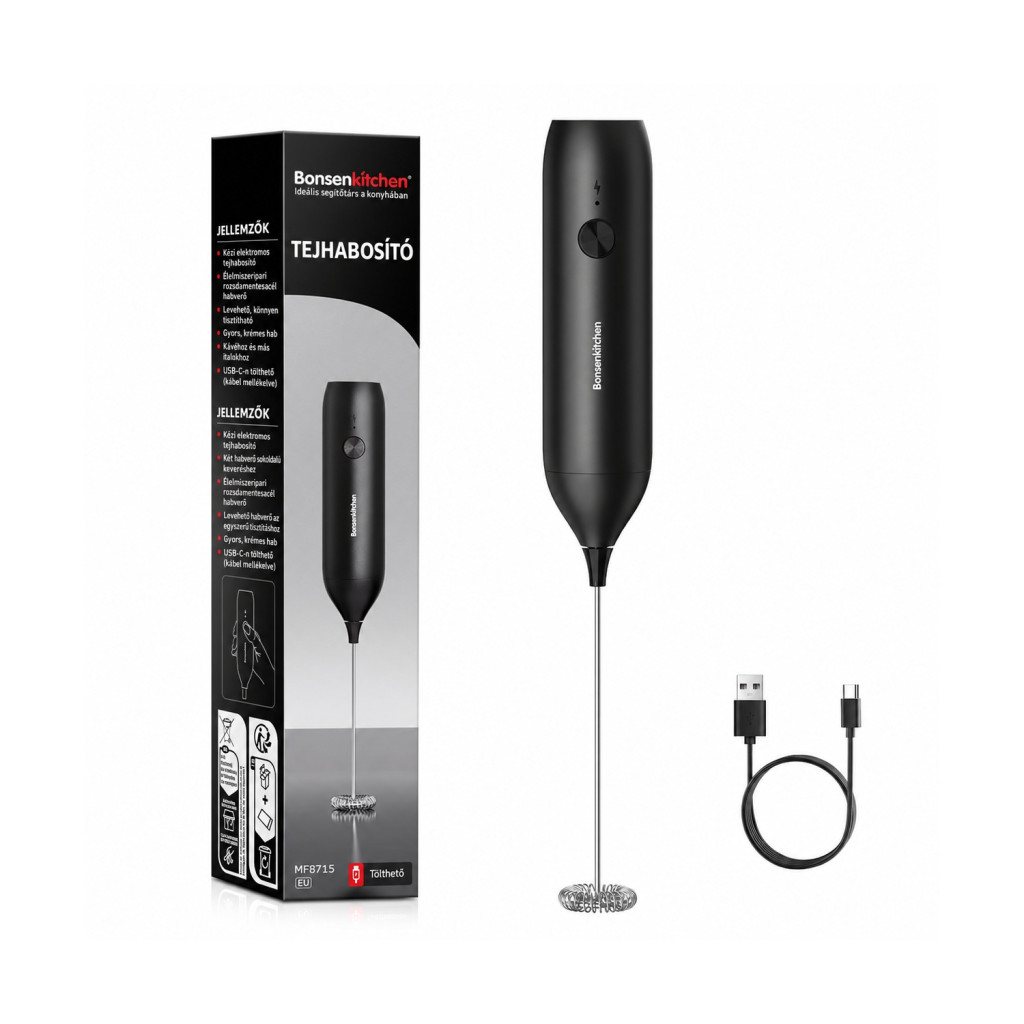 Bonsenkitchen MF8715 USB-C kézi tejhabosító, fekete – termékfotó