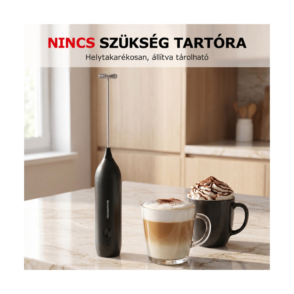 Bonsenkitchen MF8715 USB-C kézi tejhabosító, fekete – részletfotó