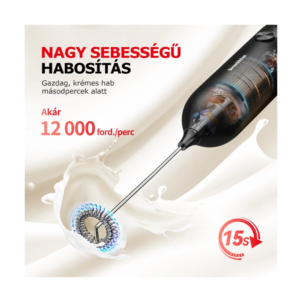 Bonsenkitchen MF8715 USB-C kézi tejhabosító, fekete – főbb jellemzők
