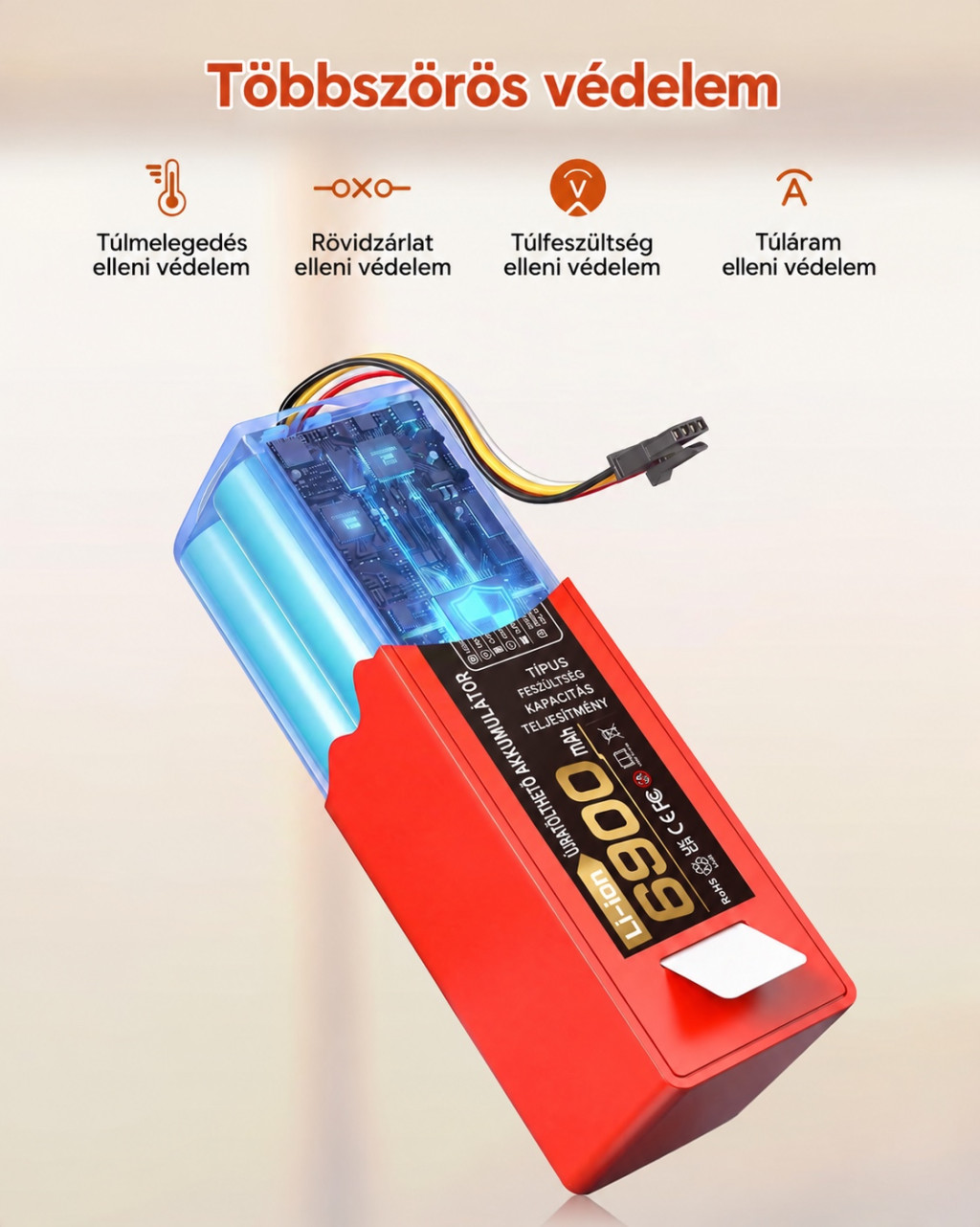 Morpilot 6900 mAh akkumulátor Roborock S5, S6, S7 és Q5/Q7 modellekhez – védelmi funkciók
