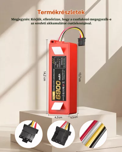 Morpilot 6900 mAh akkumulátor Roborock S5, S6, S7 és Q5/Q7 modellekhez – méretek és csatlakozó