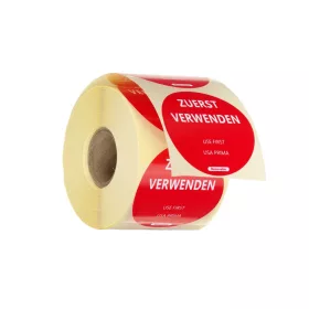   Élelmiszerbiztonsági újrahasználható matrica, ELŐSZÖR FELHASZNÁLNI, HENDI, Piros, 500 db., ⌀50mm