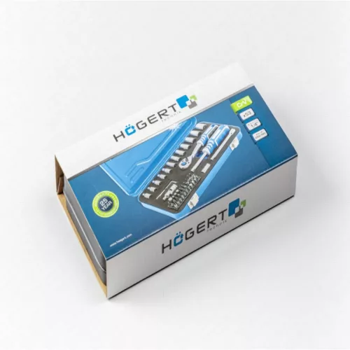 Dugókulcs és bitkészlet 1/4", 53 részes, 72 fogas racsni, fém tartóban, 25 év garancia, HÖGERT HT1R485