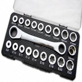   Racsnis csillagkulcs cserélhető dugókulcs fejekkel 8-19 mm és Torx 8-22 mm fejekkel, 20 részes , HÖGERT HT1R492