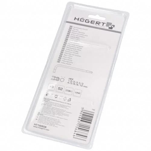 Imbuszkulcs készlet, 9 részes, HEX 1,5-10 mm, gömbfejű, színkódos, hosszú, 25 év garancia, HÖGERT HT1W806