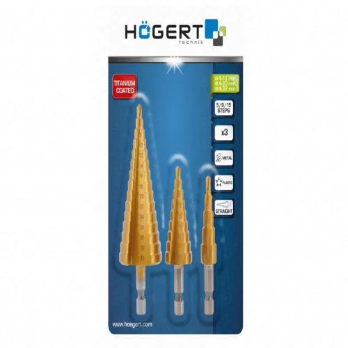 Lépcsős fúrókészlet fémhez 3db-os, 4-32 mm, Titán bevonat, HÖGERT HT6D325