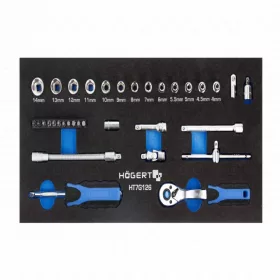   Dugókulcs és bitfej készlet, 34 részes, 1/4", 4-14 mm, 395 x 180mm habszivacsban, HÖGERT HT7G126