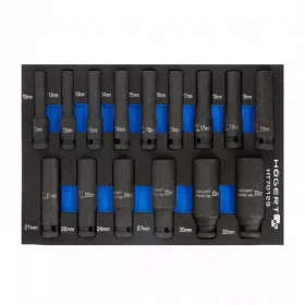  Dugókulcsfej készlet ütvecsavarozóhoz, 1/2", hosszított, 15 részes, 10-32 mm, 395 x 180mm habszivacsban, HÖGERT HT7G129