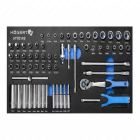   Dugókulcs és bitfej készlet, 63 részes, 1/4", 4-14 mm, 395 x 180mm habszivacsban, HÖGERT HT7G148