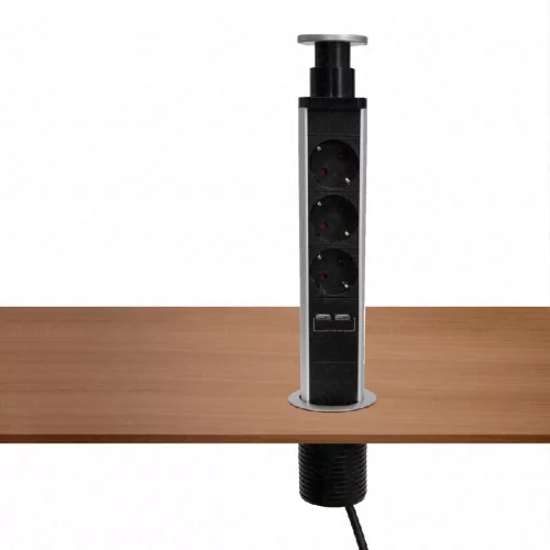 Elosztó, süllyesztett, USB töltőaljzatokkal, 1,4 m, 3 földelt aljzat, asztalba, munkalapba építhető, süllyeszthető, HOME NVE 3/USB