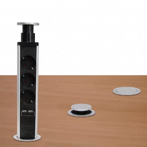 Elosztó, süllyesztett, USB töltőaljzatokkal, 1,4 m, 3 földelt aljzat, asztalba, munkalapba építhető, süllyeszthető, HOME NVE 3/USB