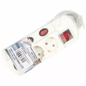   3-as hálózati földelt elosztó, 4 kapcsolóval, 1,5 m, gyerekvédelem, 3x1mm², IP20, 16A, 3500W, fehér, HOME NVK 03K/WH