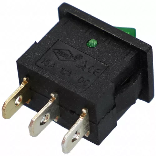 15A/12V DC, 21x15 / 19x13 mm Billenőkapcsoló, zöld, számos, kicsi, szögletes