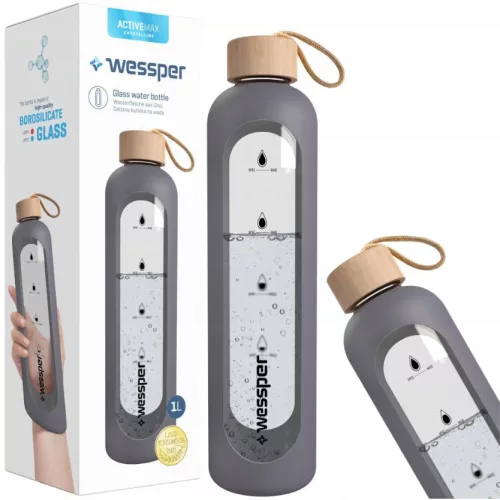Wessper ActiveMax Crystalline Motivációs Üvegpalack 1L, Szürke (WES051)
