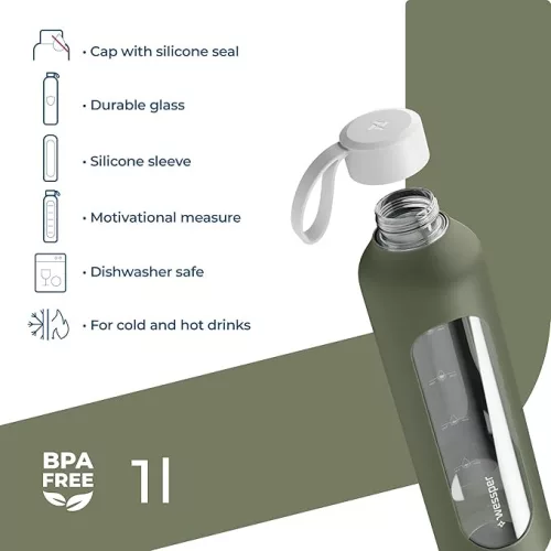 Wessper Activemax Crystalline motivációs üvegpalack, 1 literes, olíva zöld (WES260-OL)
