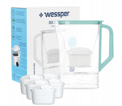 Wessper D3 Slim Aquaclassic 2,7 l-es hűtőszekrény szűrőkancsó + 6x AquaClassic szűrőpatron